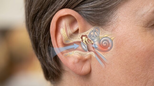 Detailed cross-section of the human ear showing the auditory canal and inner ear structures