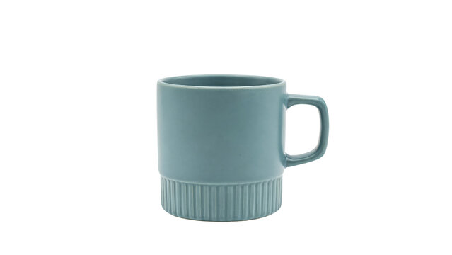 Minimalist ceramic coffee mug featuring a soft blue matte finish and vertical ribbed detailing at the base presented in a high resolution studio shot on transparent background