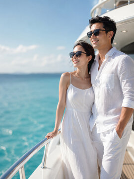 A smiling couple stands on a yacht railing, enjoying a sunny sea breeze in coordinated white outfits. Mood is relaxed, romantic, and luxurious for travel or lifestyle use.
