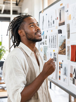 Young creative man reviewing and arranging photos and sketches on a mood board in a bright studio. He studies visuals with thoughtful expression and focused attention.