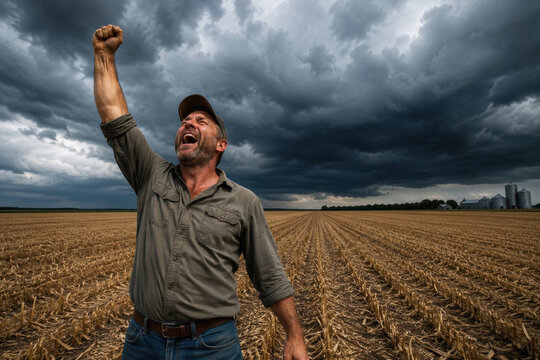 A farmer raises his fist and shouts in a harvested field under dramatic storm clouds. The image conveys emotion, resilience and agricultural atmosphere before a storm.