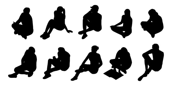 set of people sitting on the floor isometric view silhouettes for architectural presentation. citizen lifestyle. black shadow axonometric vector illustration.