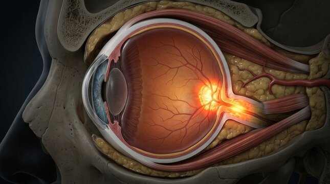 Detailed cross-section of the human eye showing optic nerve and retina detail