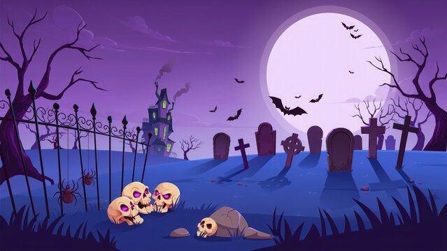 Halloween graveyard scene with haunted house and skulls