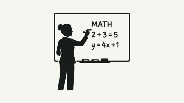 Teacher Writing Math Equations on Whiteboard Silhouette.