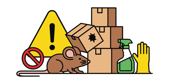 Pest infestation hazard concept with boxes rodent and warning sign infestation prevention extermination protection industrial cleaning sanitation chemical maintenance