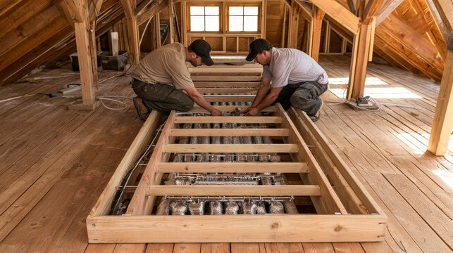 Workers installing heating and cooling system in attic of home during construction phase, HVAC installation process, residential building development and technical engineering interior work concept