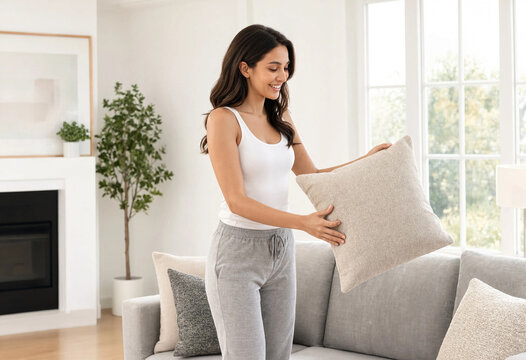 Woman arranges throw pillows on a living room sofa wearing casual loungewear. Interior shows bright natural light, modern neutral decor and relaxed mood.