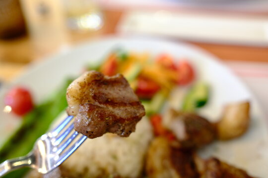 Lamb şiş kebap with rice and vegetables, traditional Turkish food close-up