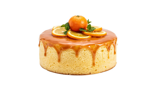 Delicious round sponge cake topped with fresh orange slices and sweet caramel glaze decorated with green mint leaves presented in a studio shot on transparent background