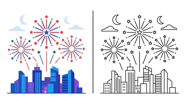 Colorful fireworks exploding over a modern city skyline at night