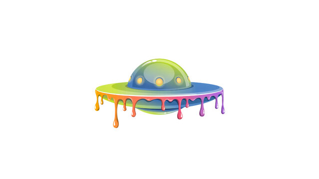Colorful melting ufo spacecraft featuring vibrant rainbow paint drips and glowing yellow portholes designed as a creative digital art piece isolated on transparent background