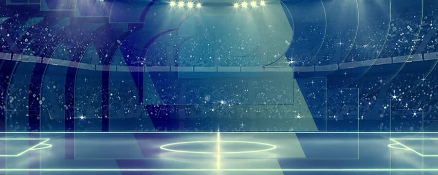 Futuristic Football Stadium Loop with Spotlight, Flash Lights and Blue Sports Arena Background. Seamless animated football stadium, powerful spotlights, camera flashes and sparkling light effects.
