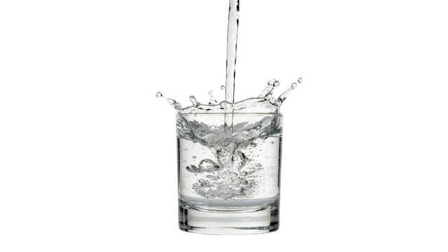 Crystal clear liquid pouring into a glass creating a dynamic and refreshing splash effect captured with high speed photography style presented on transparent background