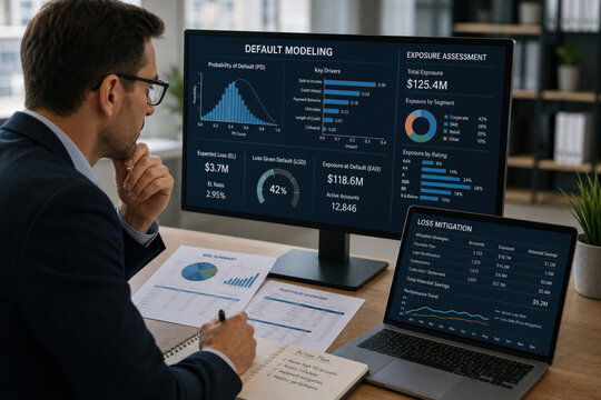 Businessman analyzing default modeling exposure assessment and loss mitigation dashboard with probability of default charts credit risk metrics and mitigation strategies in office