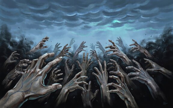 Desperate reaching hands dark fantasy illustration
