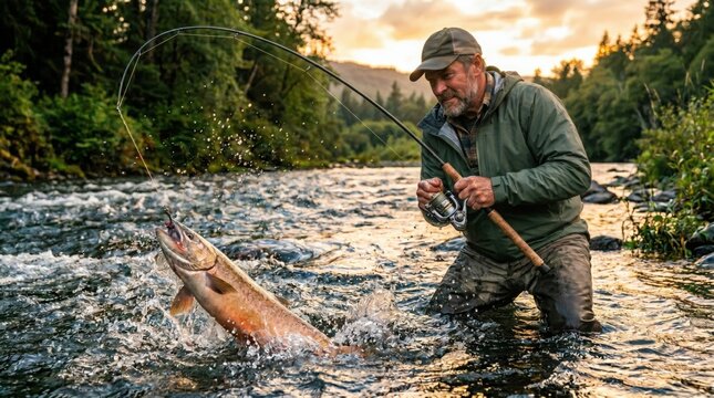 Fisherman Pulling Fresh Catch from River During Golden Evening Light