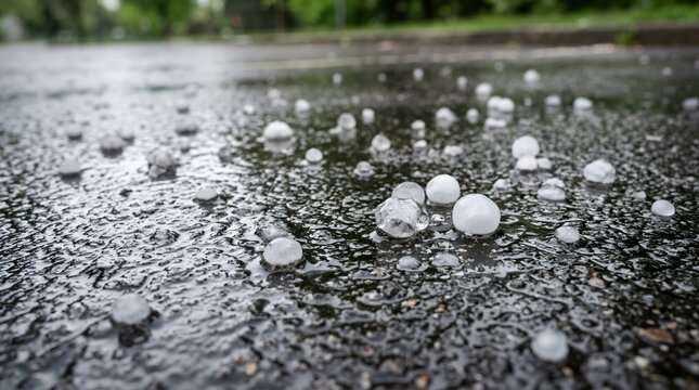 Round white hailstones melting on wet dark asphalt pavement. Close up of ice scattered on a city street after a severe weather storm. Extreme precipitation and climate hazard concept