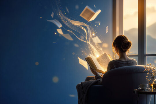 National Read A Book Day inspirational scene with anonymous reader holding glowing open book and luminous pages transforming into ribbons of imagination celebrating reading literacy September 6