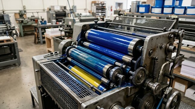 Blue ink on the roller mechanism of an offset printing press. Industrial commercial printing machine gears and cylinders. Print shop production equipment