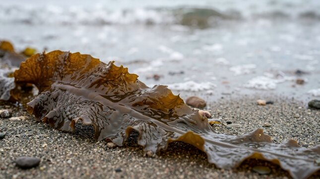 Wet brown seaweed blade washed up on a sandy beach. Close up texture of marine kelp algae. Coastal nature and ocean environment background