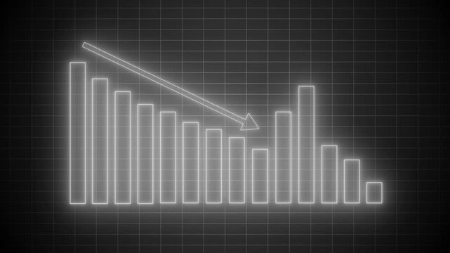 Neon declining bar chart with downward arrow animation