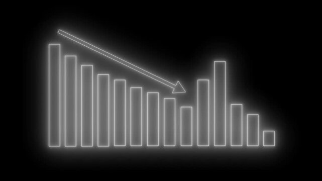 Neon declining bar chart with downward arrow animation