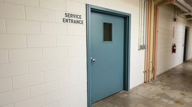 Light blue metal service entrance door in a cinder block wall. Closed utility room access in an industrial basement hallway