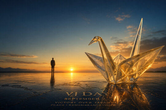 VJ Day September 2 Victory over Japan WWII remembrance glass origami crane glowing golden light new dawn peace reconciliation legacy anniversary commemoration
