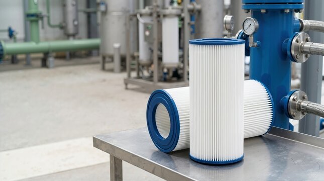 Industrial water filtration system replacement cartridges on a metal table. Factory purification equipment and machinery