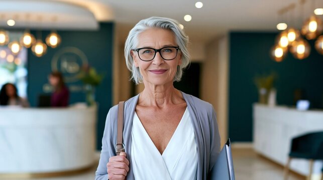 Confident mature woman smiling in modern office lobby, professional business client arrival