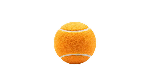 Bright orange felt tennis ball featuring iconic white seams captured in a high resolution studio photograph with clean lighting displayed centrally on transparent background