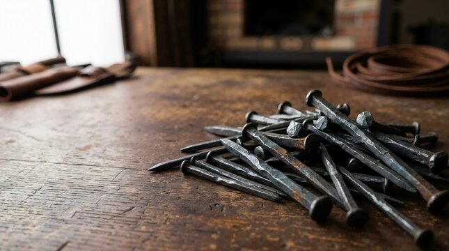 Pile of hand forged iron nails on a rustic wooden workbench. Traditional blacksmith craft and metalworking concept