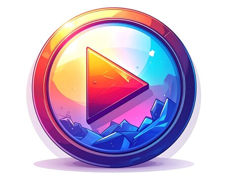 Cartoon-style media button with vibrant sunset colors
