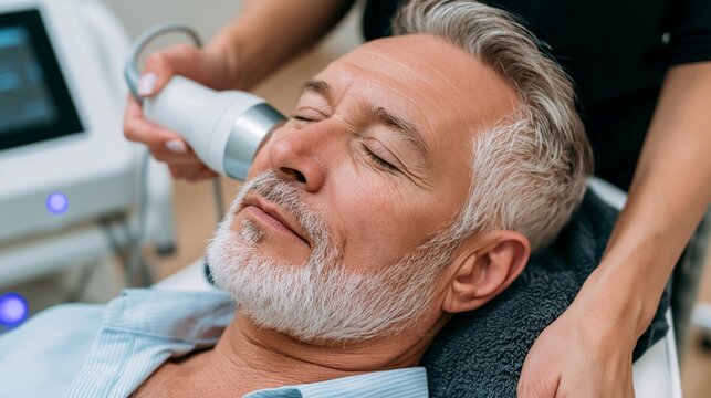 Senior man receiving modern facial treatment in a clinic, focusing on anti aging and skin rejuvenation