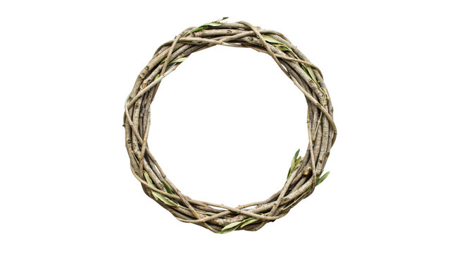 Rustic handmade decorative wreath crafted from natural twisted willow branches and fresh green olive leaves for holiday home decor display isolated on a clean on transparent background