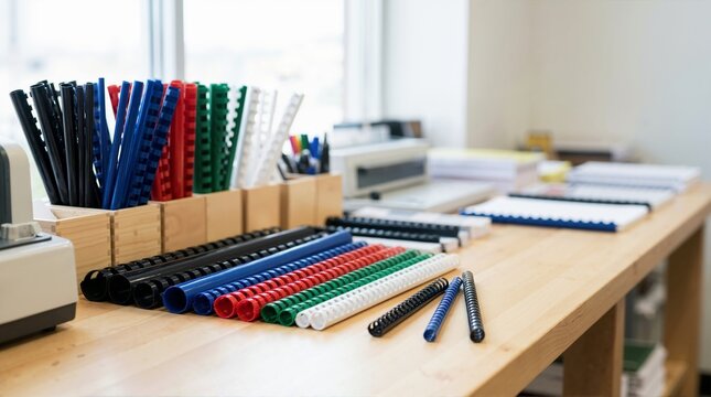 Colorful plastic comb binding spines arranged on a wooden table. Office supplies and document binding equipment in a bright print shop workspace