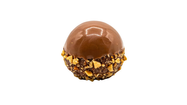 Round gourmet chocolate truffle covered in crushed roasted hazelnut pieces with a smooth glossy milk chocolate top coating displayed as a single candy on transparent background