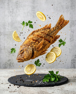 Crispy fried whole sea bream with flying lemon and herbs on dark background.