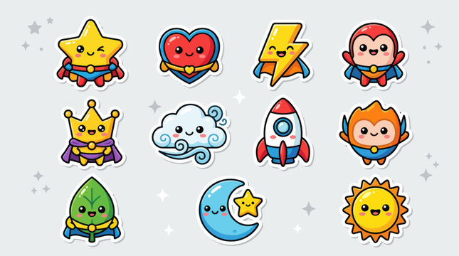 Cute kawaii superheroes and symbols