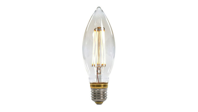 Clear vintage style decorative led filament light bulb with a glowing warm core inside a sharp teardrop glass shape isolated on white on transparent background