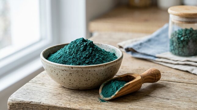 Dried blue green spirulina powder in a ceramic bowl with a wooden scoop. Healthy organic algae superfood supplement on a rustic table