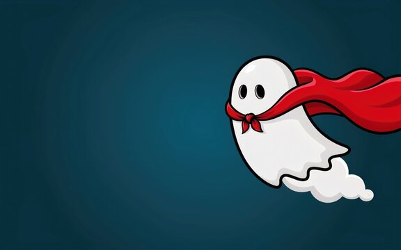 Cartoon ghost superhero flying with red cape on teal background