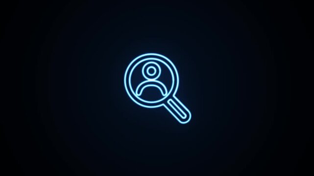 Blue neon magnifying glass person icon