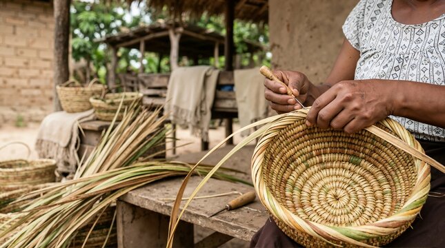 Artisan hands weaving a traditional basket with palm fibers. Close up of a handmade craft process using natural materials and an awl