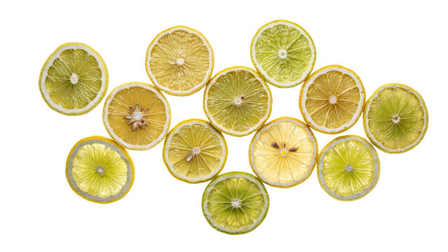 Vibrant collection of fresh yellow lemon and green lime citrus slices arranged in a top view flat lay composition isolated on a white on transparent background