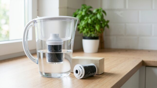 Clear plastic water filtration pitcher with a charcoal cartridge on a kitchen counter. Clean drinking water purification system at home