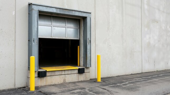 Open metal loading dock door at a commercial warehouse. Industrial concrete bay with yellow safety bollards and dock leveler