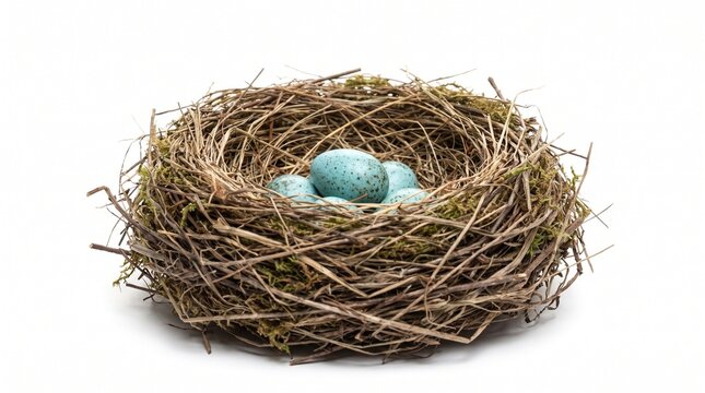 A delicate bird's nest woven from twigs and moss cradles four robin's eggs, showcasing the beginning of new life in a still-life composition.