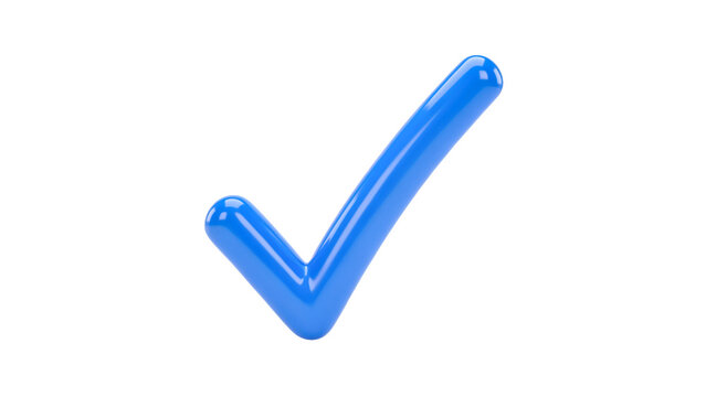 Glossy three dimensional blue check mark icon featuring a smooth plastic texture and a vibrant rounded shape presented isolated as a high quality element on transparent background
